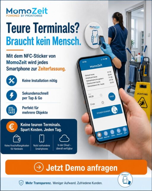 Teure Terminals? Muss nicht sein. 👀 Gerade in der Reinigungsbranche sind Teams oft an verschiedenen Objekten unterwegs. Da ist klassische Zeiterfassung über ein festes Terminal oft unpraktisch, teuer und einfach nicht flexibel genug. Mit dem NFC-Sticker von MomoZeit wird jedes Smartphone zur digitalen Zeiterfassung: ✅ keine teure Hardware-Anschaffung
✅ keine Installation vor Ort nötig
✅ sekundenschnelle Zeiterfassung per Tap
✅ ideal für mehrere Objekte und wechselnde Einsatzorte
✅ einfach, digital und direkt in der Cloud verfügbar Der Sticker wird am Objekt angebracht, die Mitarbeitenden scannen ihn mit dem Smartphone und die Arbeitszeit wird sauber erfasst. So einfach kann digitale Zeiterfassung heute sein. Mehr Transparenz. Weniger Aufwand. Zufriedene Kunden. 👉 Jetzt Demo anfragen und sehen, wie MomoZeit Ihre Zeiterfassung einfacher macht. #MomoZeit #Zeiterfassung #DigitaleZeiterfassung #NFC #Reinigungsbranche #Gebäudereinigung #FacilityManagement #HandwerkDigital #SaaS #Mittelstand #Arbeitszeiterfassung