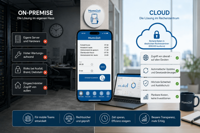 Cloud vs. On-Premise Zeiterfassung in Deutschland 2026: Was braucht der Mittelstand? 