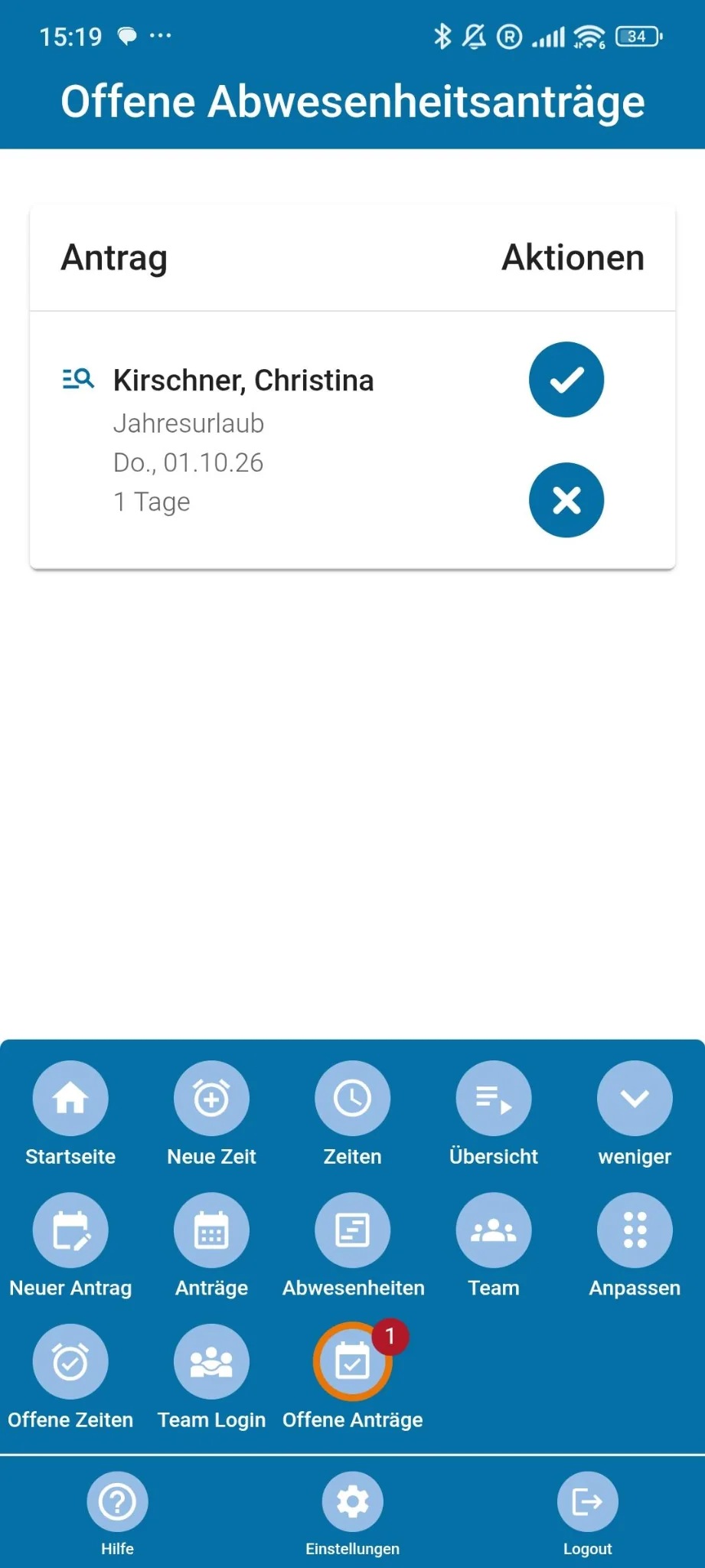 MomoZeit App-Menü mit Zugriff auf offene Anträge und Abwesenheiten