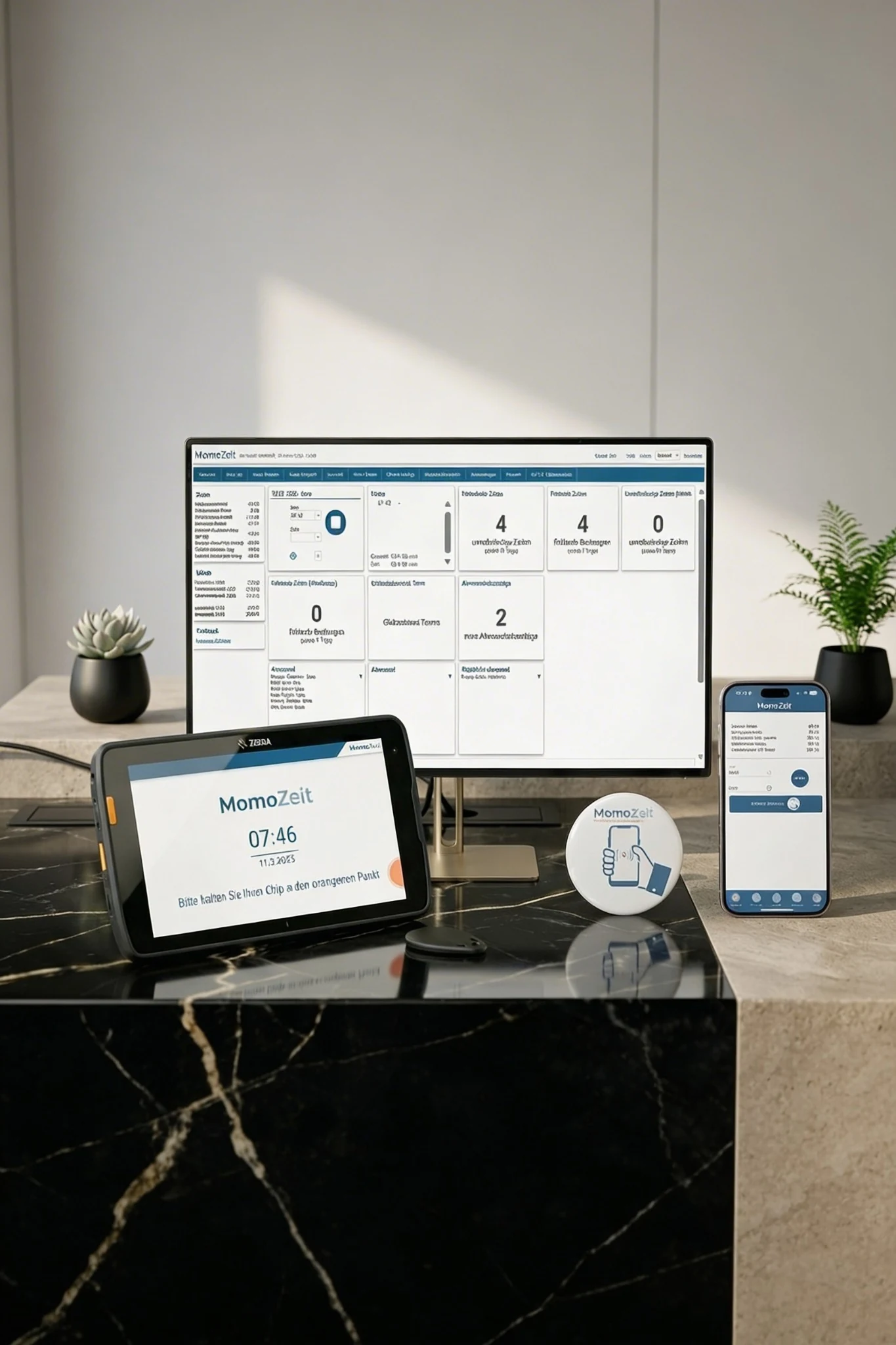 Illustration verschiedener MomoZeit-Erfassungswege an Computer, Tablet und Smartphone