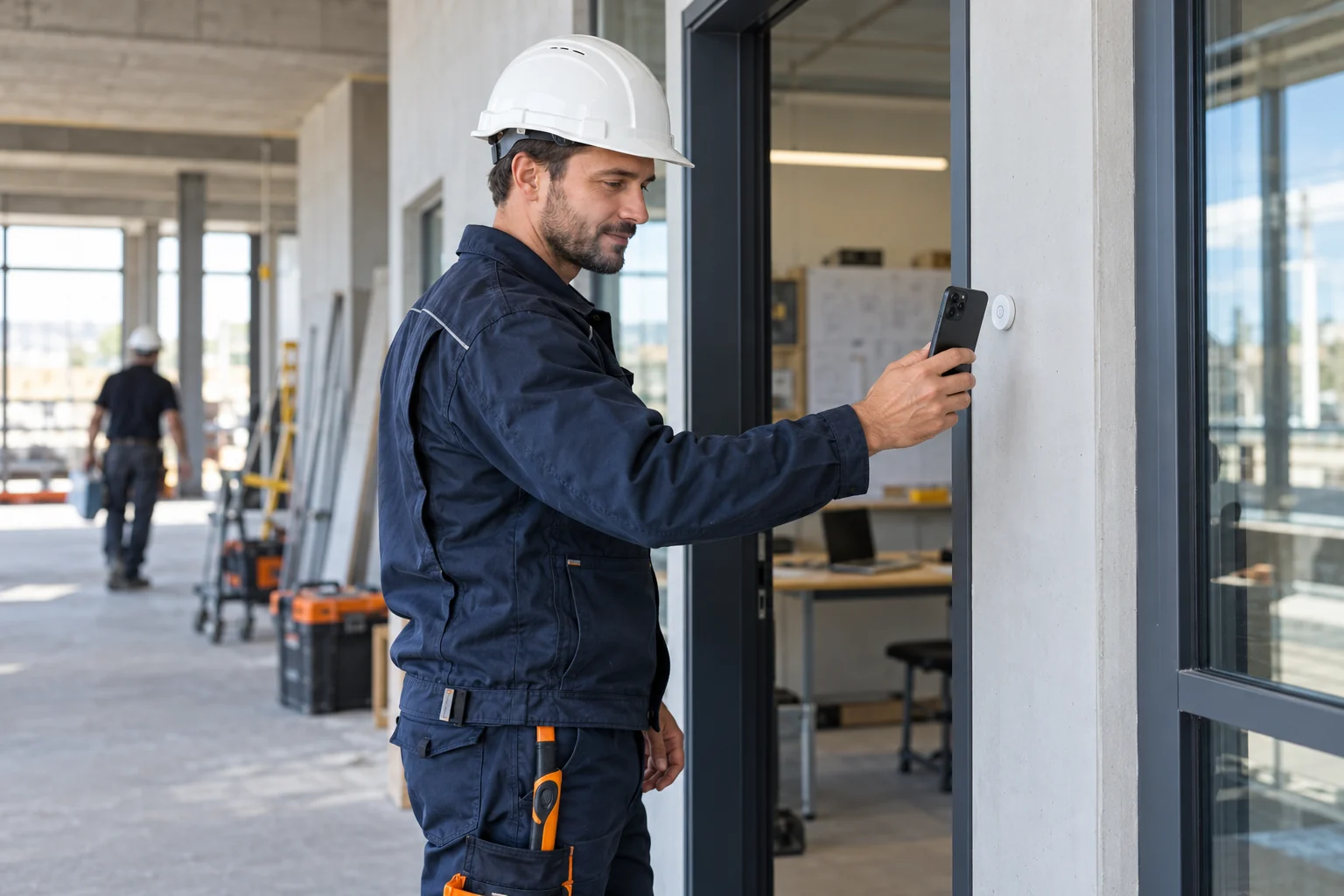 Handwerker nutzt einen NFC-Sticker mit dem Smartphone am Baustellenbüro