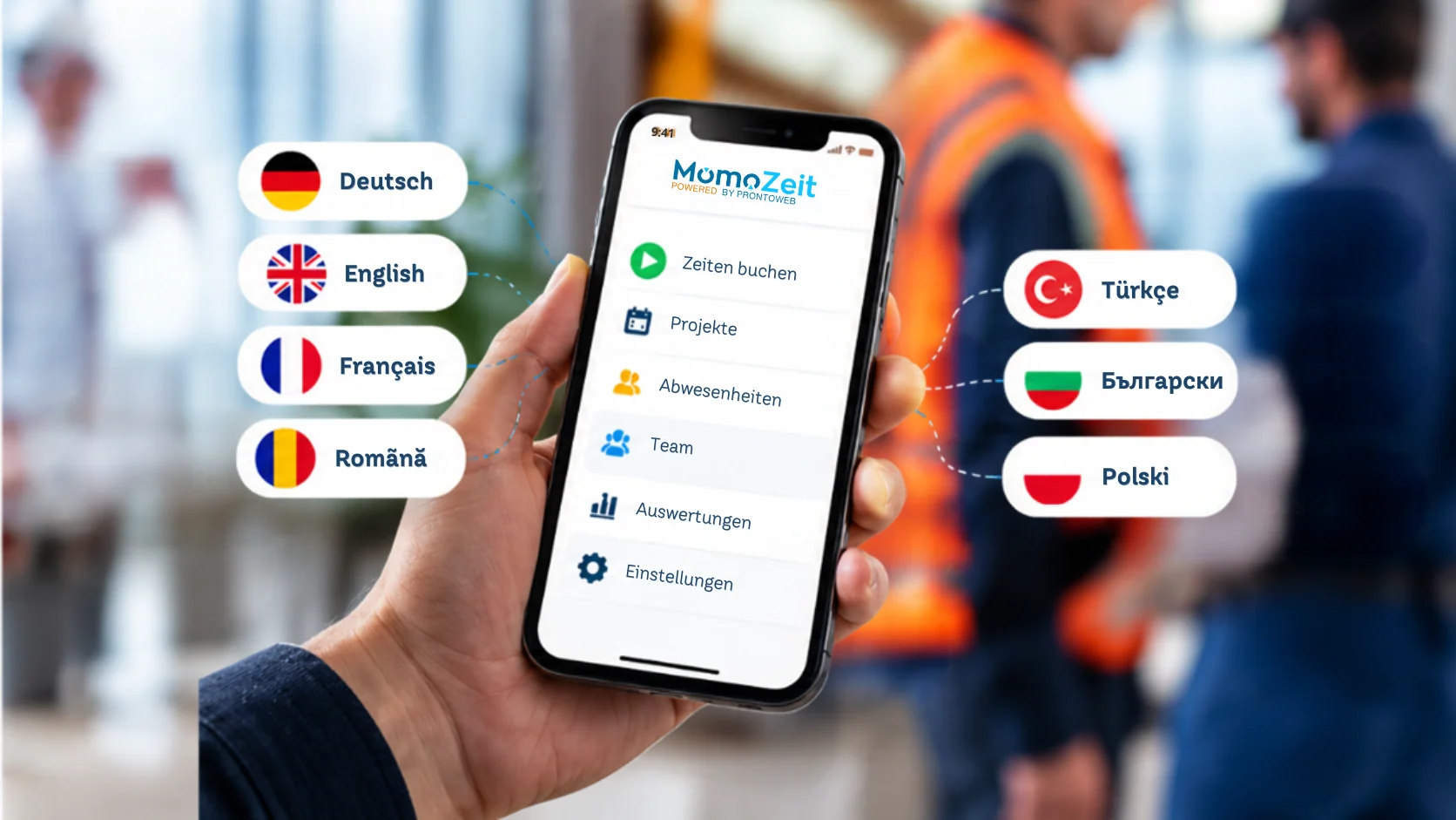 MomoZeit App für mehrsprachige Teams und mobile Zeiterfassung