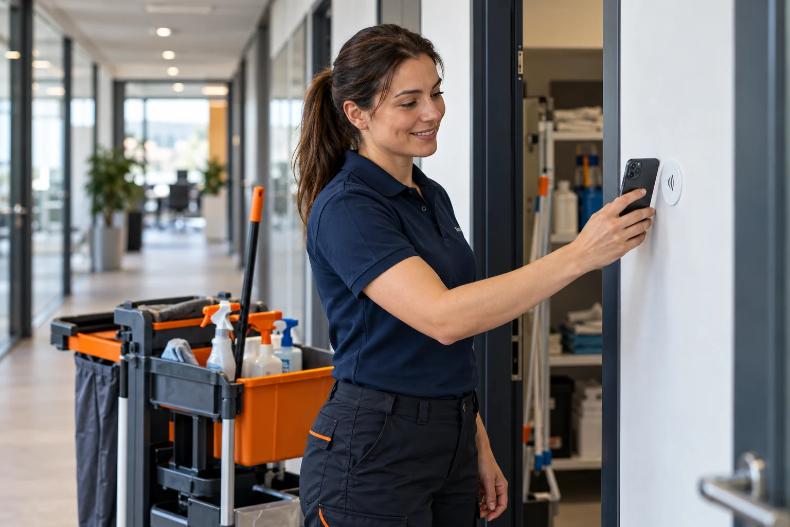 Reinigungskraft hält ein Smartphone an einen NFC-Sticker am Einsatzort